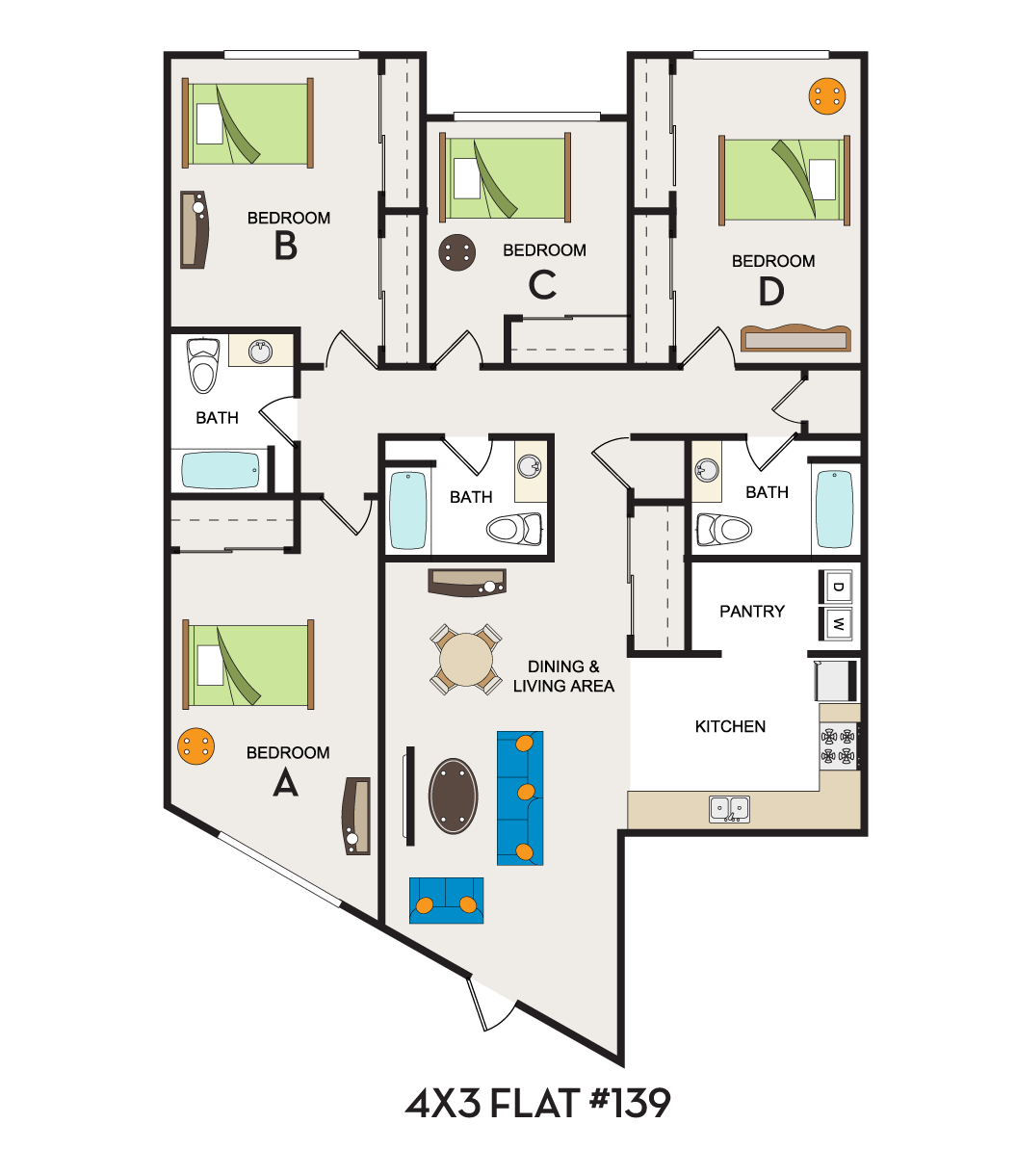 Floor plan for 4 beds, 3 baths, 1999 sqft