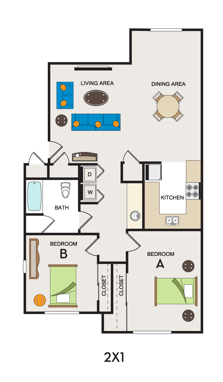 Floor plan for 2 beds, 1 bath, 1260 sqft