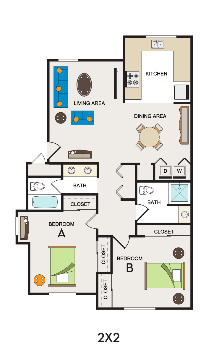 Floor plan for 2 beds, 2 baths, 1260 sqft