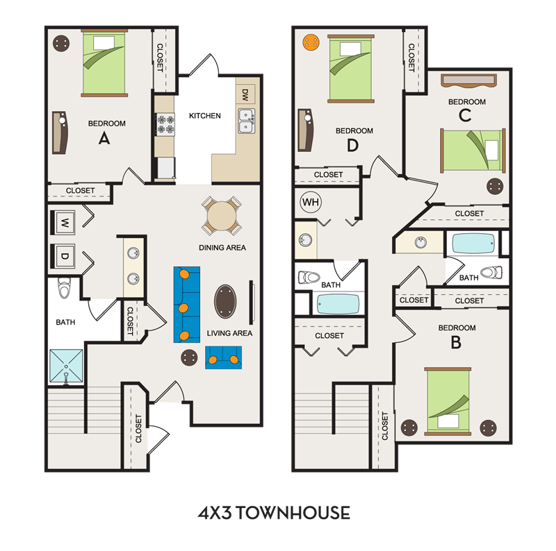 Floor plan for 4 beds, 3 baths, 1957 sqft