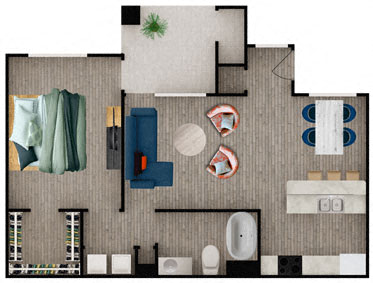Floor plan for 1 bed, 1 bath, 937 sqft