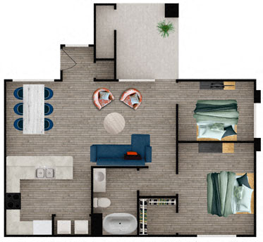 Floor plan for 1 bed, 1 bath, 1044 sqft