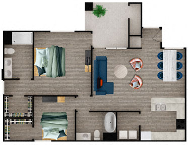 Floor plan for 2 beds, 2 baths, 1315 sqft