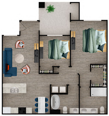 Floor plan for 2 beds, 2 baths, 1196 sqft