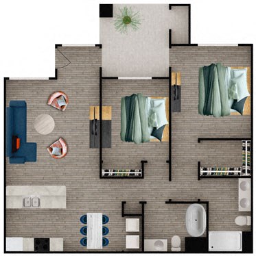 Floor plan for 2 beds, 2 baths, 1259 sqft
