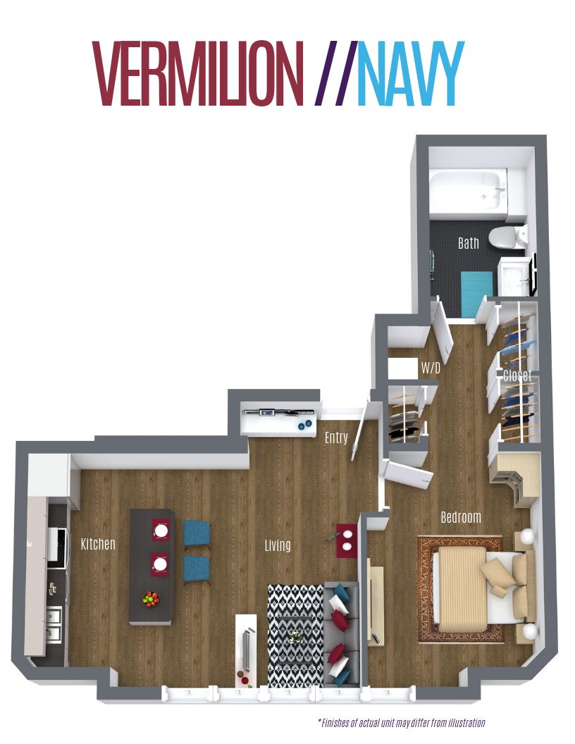 Floor plan for 1 bed, 1 bath, 615 sqft