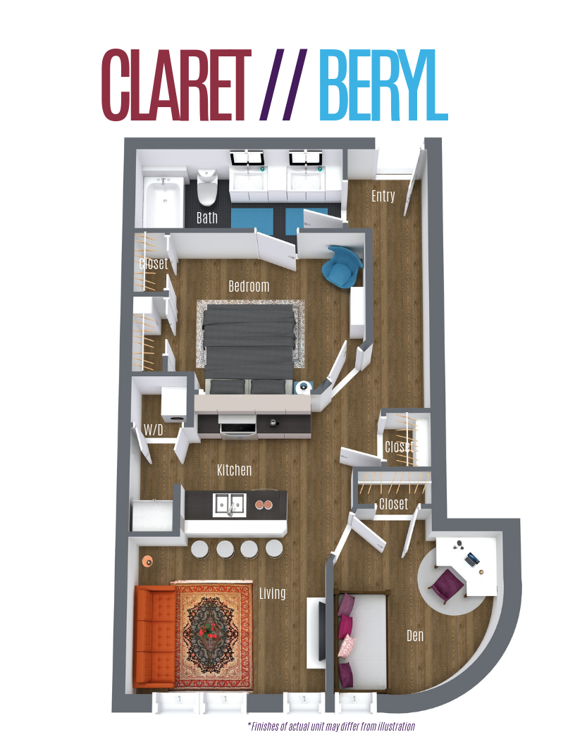 Floor plan for 1 bed, 1 bath, 815 sqft