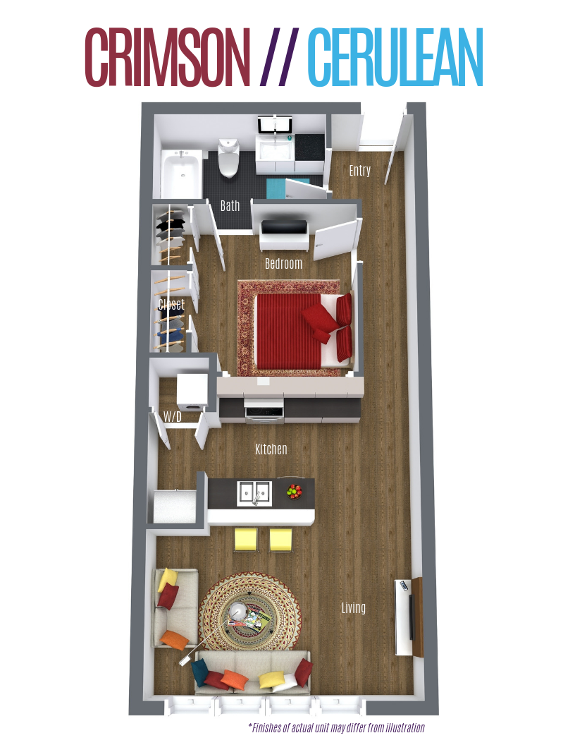 Floor plan for 1 bed, 1 bath, 636 sqft