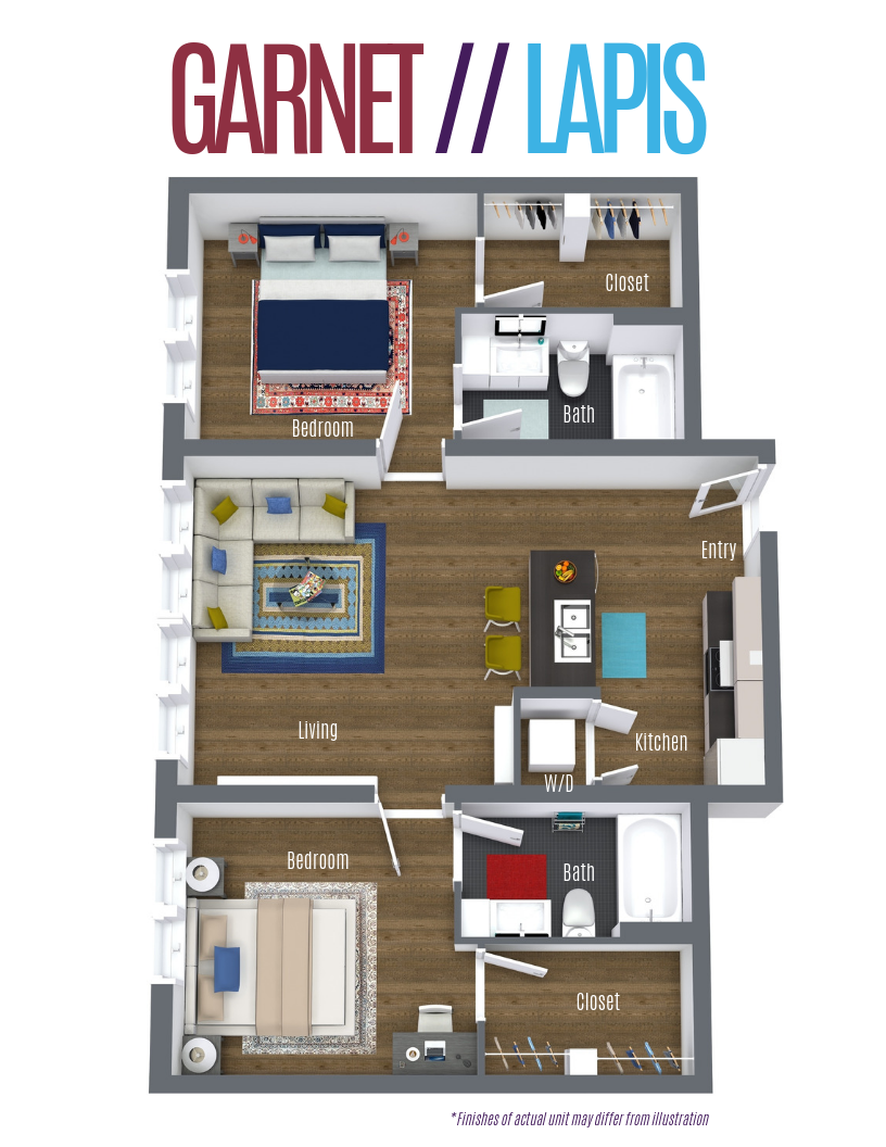 Floor plan for 2 beds, 2 baths, 910 sqft