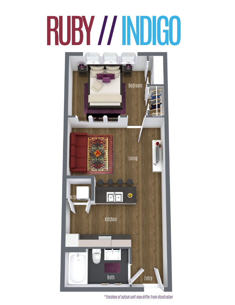 Floor plan for 1 bed, 1 bath, 577 sqft