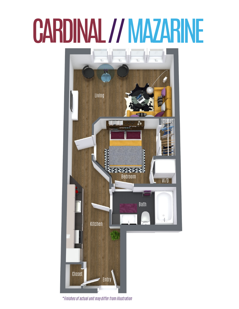 Floor plan for 1 bed, 1 bath, 545 sqft