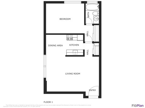 Floor plan for 1 bed, 1 bath, 600 sqft