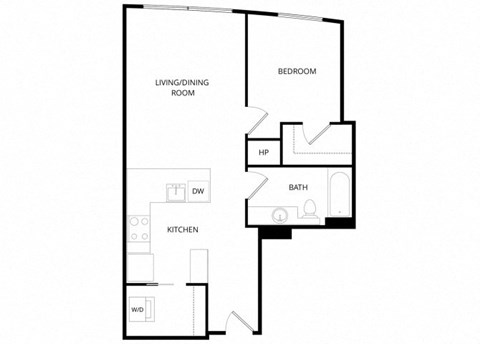 Floor plan for 1 bed, 1 bath, 697 sqft