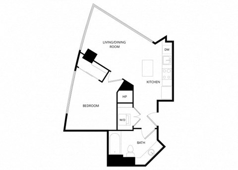 Floor plan for 1 bed, 1 bath, 659 sqft
