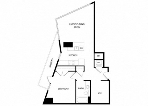 Floor plan for 1 bed, 1 bath, 836 sqft
