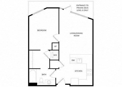 Floor plan for 1 bed, 1 bath, 677 sqft