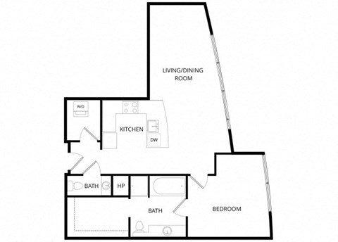 Floor plan for 1 bed, 1.5 baths, 899 sqft