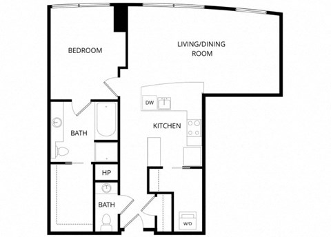 Floor plan for 1 bed, 1.5 baths, 965 sqft