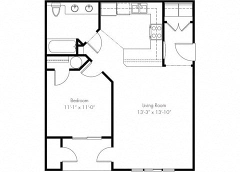 Floor plan for 1 bed, 1 bath, 740 sqft