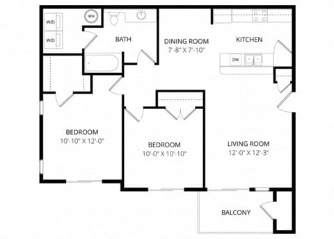 Floor plan for 2 beds, 1 bath, 934 sqft