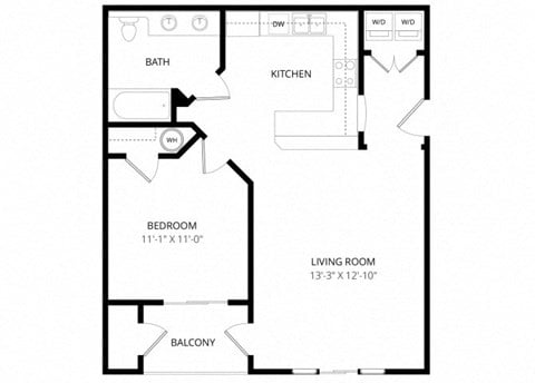 Floor plan for 1 bed, 1 bath, 740 sqft