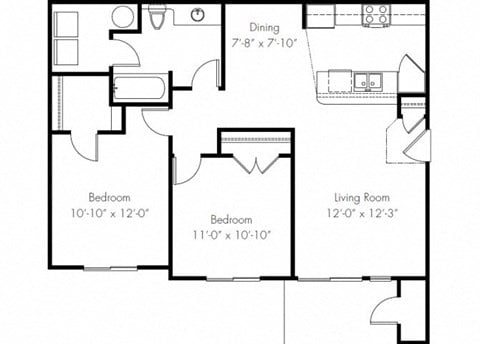 Floor plan for 2 beds, 1 bath, 934 sqft