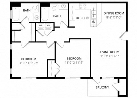 Floor plan for 2 beds, 2 baths, 978 sqft