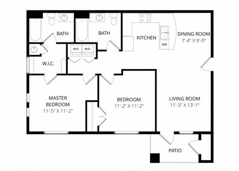 Floor plan for 2 beds, 2 baths, 978 sqft