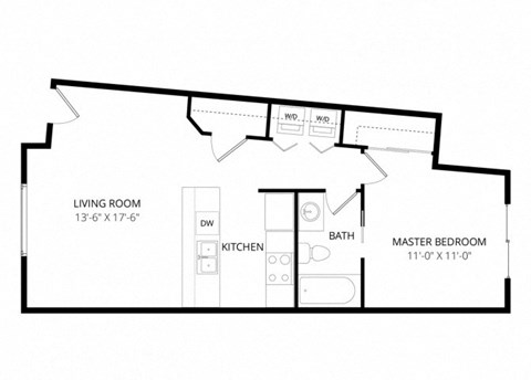 Floor plan for 1 bed, 1 bath, 851 sqft