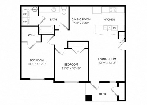 Floor plan for 2 beds, 1 bath, 930 sqft