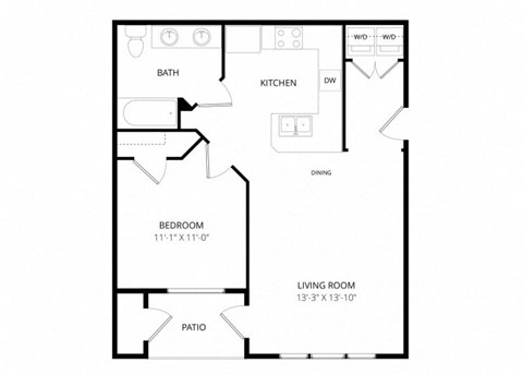 Floor plan for 1 bed, 1 bath, 740 sqft