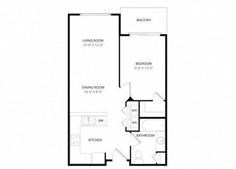 Floor plan for 1 bed, 1 bath, 608 sqft