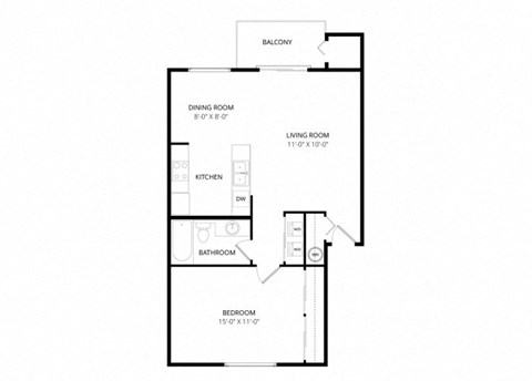 Floor plan for 1 bed, 1 bath, 635 sqft
