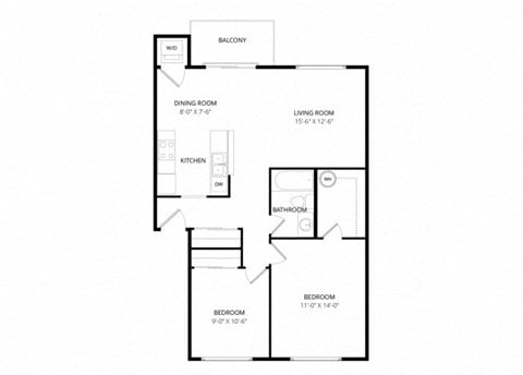Floor plan for 2 beds, 1 bath, 837 sqft