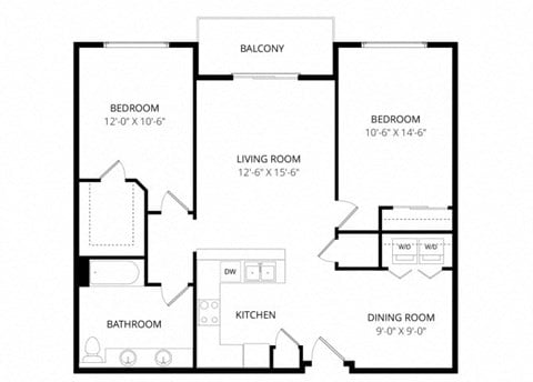 Floor plan for 2 beds, 1 bath, 914 sqft