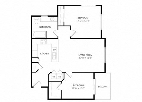Floor plan for 2 beds, 1 bath, 895 sqft