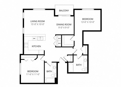 Floor plan for 2 beds, 2 baths, 1142 sqft