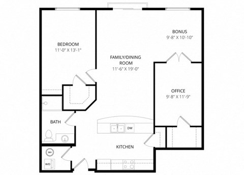 Floor plan for 1 bed, 1 bath, 1019 sqft