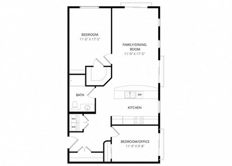 Floor plan for 2 beds, 1 bath, 963 sqft