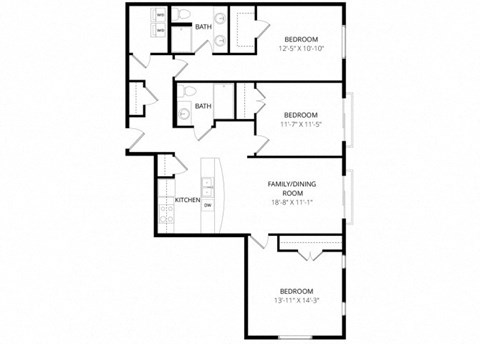 Floor plan for 3 beds, 2 baths, 1269 sqft
