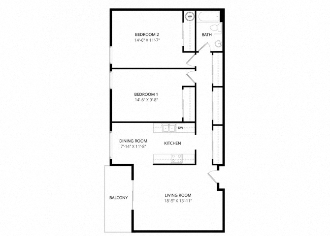 Floor plan for 2 beds, 1 bath, 1000 sqft