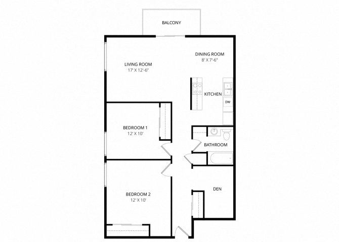 Floor plan for 2 beds, 1 bath, 1100 sqft
