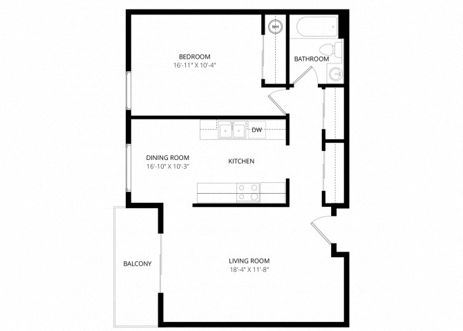 Floor plan for 1 bed, 1 bath, 700 sqft