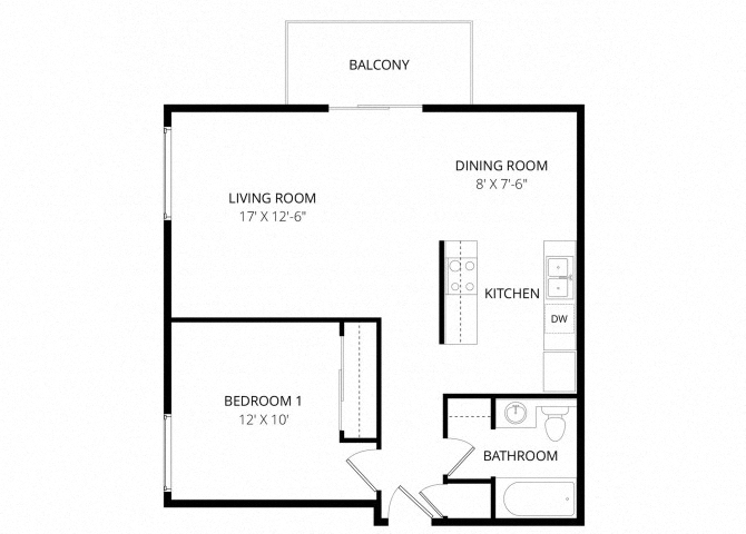 Floor plan for 1 bed, 1 bath, 675 sqft