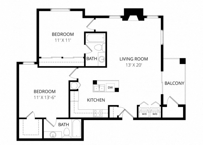 Floor plan for 2 beds, 2 baths, 925 sqft
