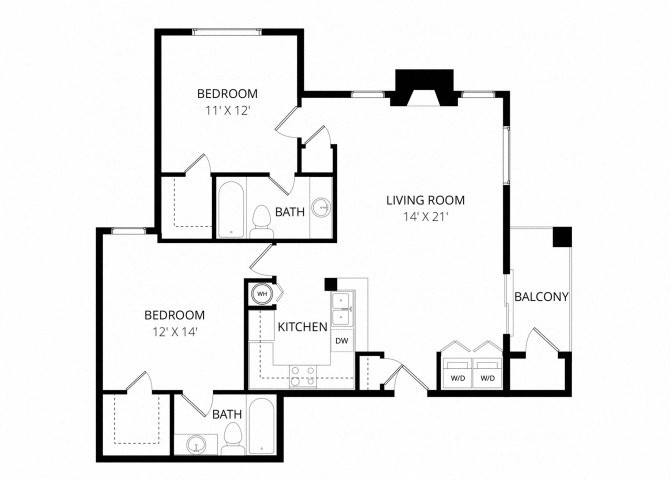 Floor plan for 2 beds, 2 baths, 1006 sqft