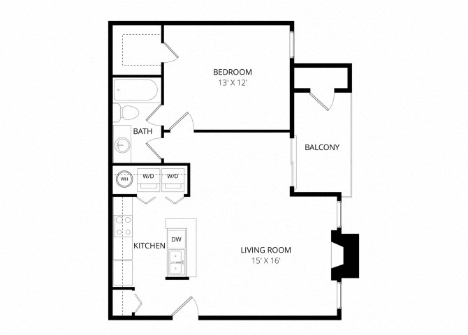 Floor plan for 1 bed, 1 bath, 687 sqft