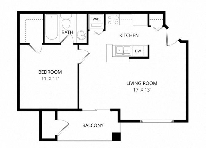 Floor plan for 1 bed, 1 bath, 518 sqft