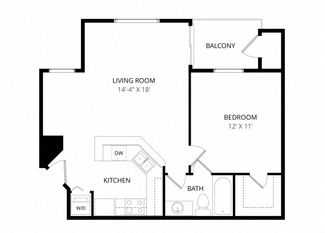 Floor plan for 1 bed, 1 bath, 623 sqft
