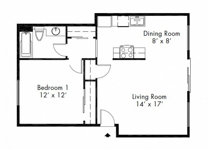 Floor plan for 1 bed, 1 bath, 630 sqft